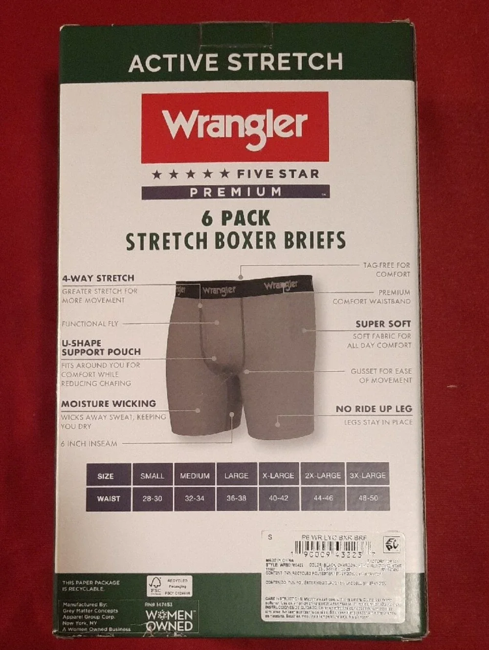 Wrangler 6-Pack Active Stretch Boxer Briefs - Gray, Black, Maroon